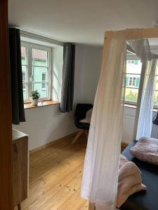 a bedroom with a bed and two windows at Dornröschen in Dinkelsbühl +16 photos