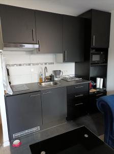 イシー・レ・ムリノーにあるAppartment Porte de Versailles Paris Expoの小さなキッチン(黒いキャビネット、シンク付)