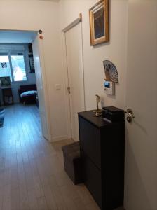 イシー・レ・ムリノーにあるAppartment Porte de Versailles Paris Expoのリビングルーム(黒いドレッサー、ドア付)