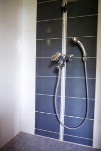 a shower in a bathroom with a blue wall at Salkolahti Lomamökit in Längelmäki