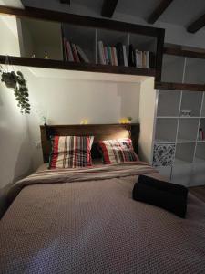 ein Schlafzimmer mit einem Bett mit einem Regal darüber in der Unterkunft Appartement lac et montagne in Gérardmer