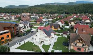 an aerial view of a town with houses and a street at Cristina Apartment in Râşnov