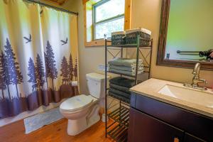 a bathroom with a toilet and a sink and a shower curtain at Foothills Family Retreat - 7 Bedrooms, Hot Tub in Cleveland +40 photos