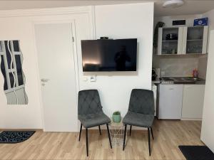 a living room with two chairs and a tv on a wall at Studio Apartman Karlo in Zaprešić
