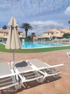 Dos tumbonas y una sombrilla junto a una piscina. en Bungalow Sonemar - Summer Mary GC, en Sonnenland