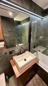 ein Badezimmer mit einem weißen Waschbecken und einer Dusche in der Unterkunft Oliwa luxury apartment, free parking, high speed internet in Danzig + 12 Fotos