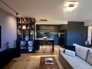 a living room with a couch and a table at Oliwa luxury apartment, free parking, high speed internet in Gdańsk