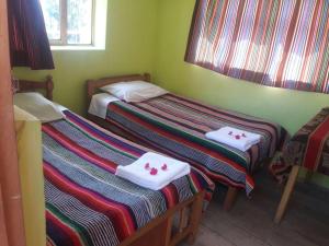 two beds in a green room with towels on them at Kactus Lodge - Amantani in Ocosuyo