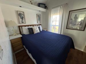 Smith RiverにあるModern Ocean Cabin 27 Stylish Kitchen & Jacuzziのベッドルーム1室(青い掛け布団、窓付)