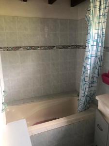 a bath tub with a shower curtain in a bathroom at Lodge Moorea Vaikea in Papetoai