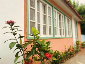 uma casa com uma janela e um arbusto com flores vermelhas em Pousada Hospedagem Caribe em Arraial do Cabo