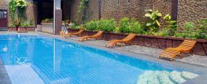 eine Stuhlreihe und ein Schwimmbecken in der Unterkunft Hotel Mireya in Saroako