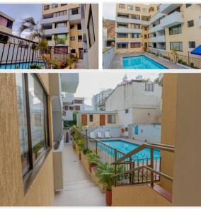 two pictures of a building with a swimming pool at apartamento dúplex con piscina en el Rodadero in Rodadero