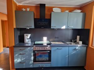 a kitchen with blue cabinets and a stove at Elisabeth in Schoneck