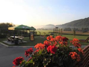 a park with a picnic table and red flowers at Rooms S Center in Slovenske Konjice