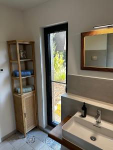 a bathroom with a sink and a mirror and a window at Ferienwohnung STENJA - made of wood in Dresden