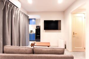 un salon avec un canapé et une télévision dans l'établissement Hotel SALIFORT HAKATA, à Fukuoka