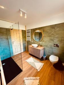 a bathroom with a sink and a toilet and a mirror at Chata Santa Claus - Rudolf i Pyszałek GÓRY SOWIE in Sokolec +73 photos