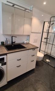 a white kitchen with a sink and a toilet at Villa with a view in Ålesund +70 photos