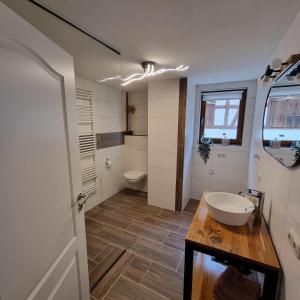 a bathroom with a sink and a toilet at Ferienhaus Emma in Bundorf +15 photos