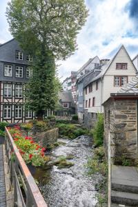 a river in a town with houses and a bridge at HoliDeis Monschau Zentrum Burgblick 3-Zimmer-Wohnung in Monschau