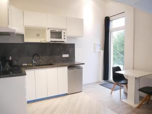 a kitchen with white cabinets and a microwave at Villa Cathy Studio Terrasse Léane in Aix-les-Bains