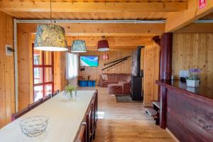 a kitchen and living room with wooden walls and wood floors at Natura BH in Izvoare