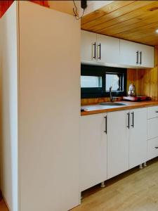 ヤリカヴァクにあるMIYA GARDEN YALIKAVAK TINY HOUSE HOTEL Bodrumの白いキャビネットとシンクのあるキッチン