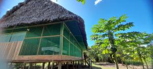 a building with a thatched roof and a basketball hoop at Amazon tucuxi in Mazán