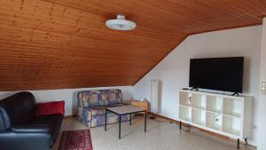 a living room with a couch and a flat screen tv at Ferienwohnung in Ländliche Gegend die zum Verweilen einlädt in Wachenroth