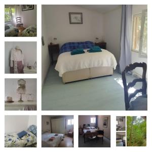 a collage of photos of a bedroom with a bed at Les Sables 16380 in Grassac