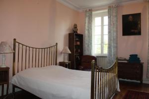 a bedroom with a bed and a window and a chair at Beau château entre Loire et Bourgogne, 12 chambres 27 personnes in Saint-Doulchard +44 photos