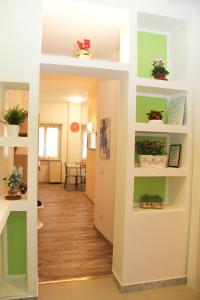 um corredor com prateleiras verdes e brancas com vasos de plantas em Maison Velia em Roma