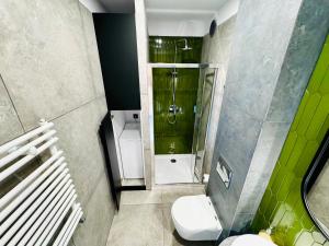 a small bathroom with a shower and a toilet at Tkalnia Snu in Łódź