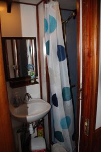 a bathroom with a sink and a shower curtain at MS Mary -Nyhavn in Copenhagen