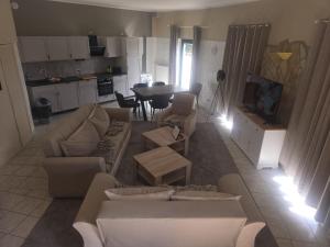 Neu GaarzGroßes Familienapartment über 2 Etagen mit Weitblick in die Natur的带沙发和桌子的客厅以及厨房。