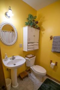 a bathroom with a sink and a toilet and a mirror at Four Season Ski, Lake, And Golf Chalet on Lake Rescue in Tyson +27 photos
