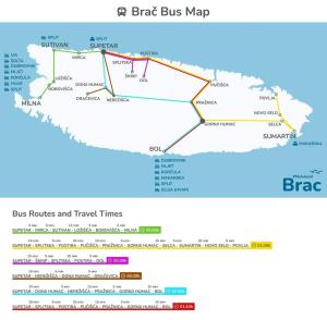 a map of the bus routes and travel times at APARTMENTS4YOU SUPETAR-the BEST and MOST POPULAR apartments for DISCOVERING the island - free parking - 200 meters from the beach in Supetar +41 photos