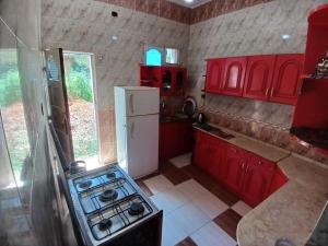 a kitchen with red cabinets and a white refrigerator at Sobhy Kana House in Aswan