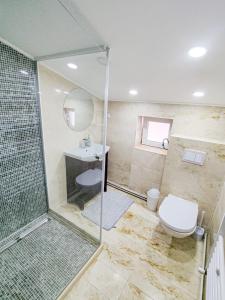 a bathroom with a shower and a toilet and a sink at Volo House in Cluj-Napoca +7 photos