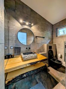 a bathroom with a sink and a mirror at Casa din padure in Orşova