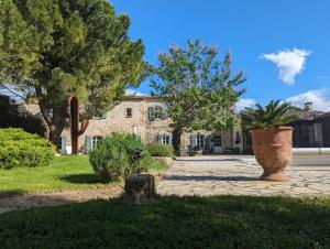 a stone house with trees and a plant in a yard at Mas Armelin in Tarascon