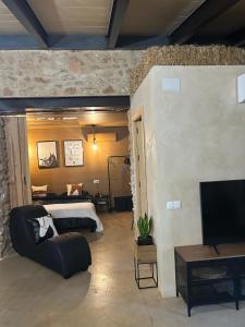 a bedroom with a bed and a couch and a tv at Mas Xalmes in Camarles +81 photos