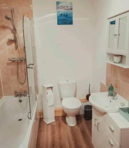 ein Badezimmer mit Toilette, Waschbecken und Dusche in der Unterkunft Charming 2 Bedroom Cottage mid town on quiet road in Sudbury