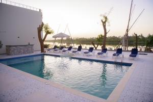 a swimming pool with chairs and a group of water at Eyaru Palace Nile View in Luxor