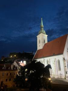 a church with a tower with a green roof at Csaky palace 2 Bratislava in Bratislava
