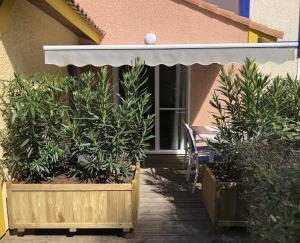 a porch with plants and a table and an awning at *Jolie maison proche plage et lac marin, avec piscine, tennis à Soustons Plage* in Soustons
