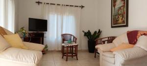 a living room with two white couches and a tv at Ninahouse in Leandro N. Alem