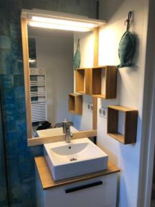 a bathroom with a sink and a mirror at *Jolie maison proche plage et lac marin, avec piscine, tennis à Soustons Plage* in Soustons +37 photos