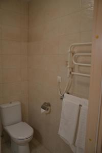 La salle de bains est pourvue de toilettes et d'un sèche-serviettes. dans l'établissement Liepa, à Šilutė
